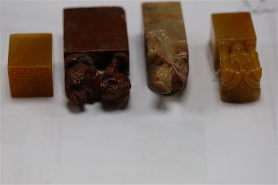 Six Chinese soapstone seals, H. 2.8 - 12.8cm